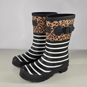 Joules Molly Welly Rain Boots Black/White Stripes & Leopard Print Women's Size 5